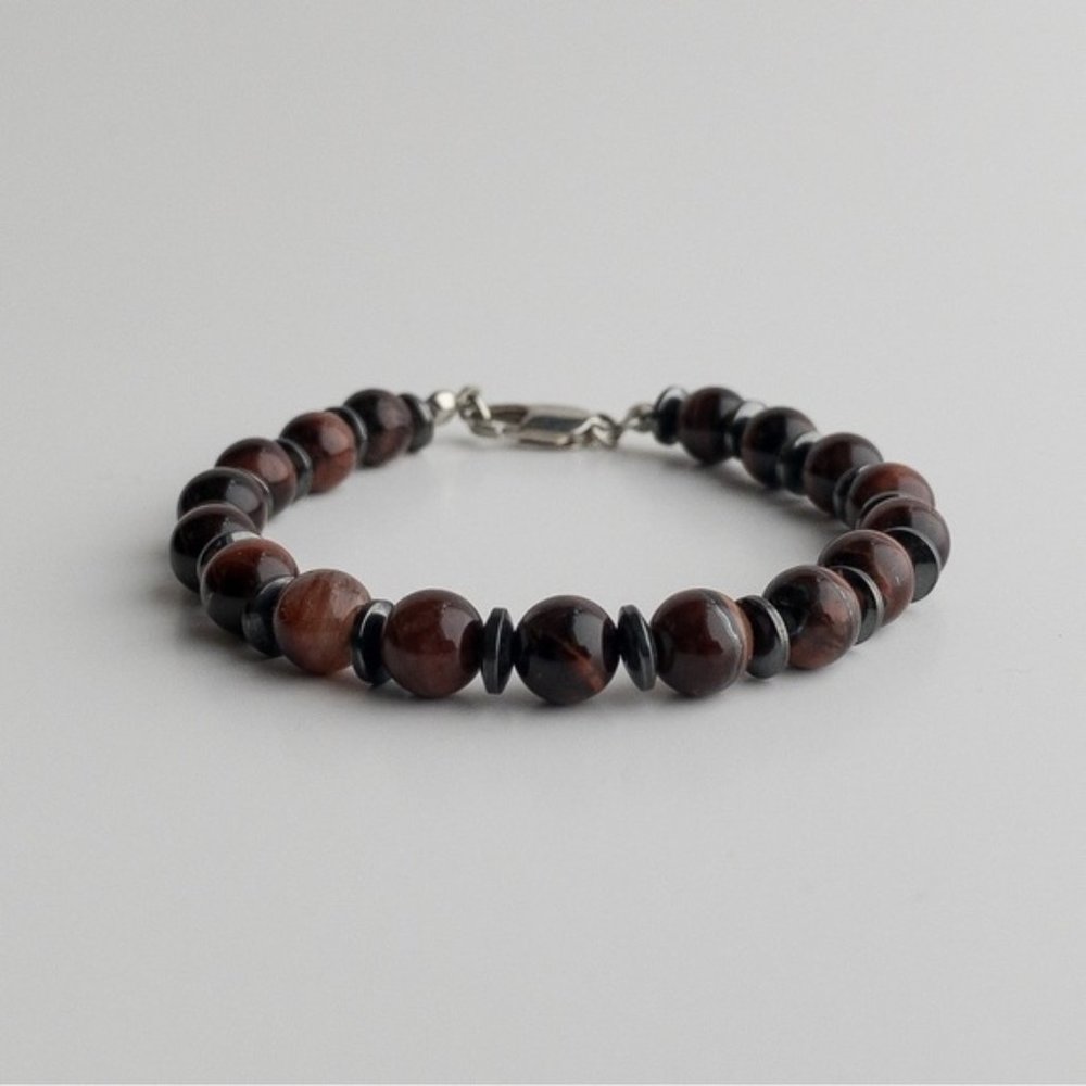 red Tiger Eye Beaded Stone Bracelet Semi-Precious Gemstone
